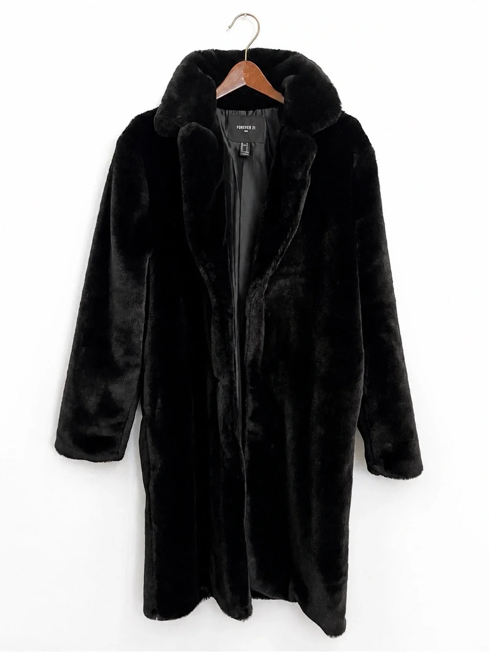 Forever 21 Coat Mens Faux Fur Black Small Long Plush Relaxed Fit Lined Winter